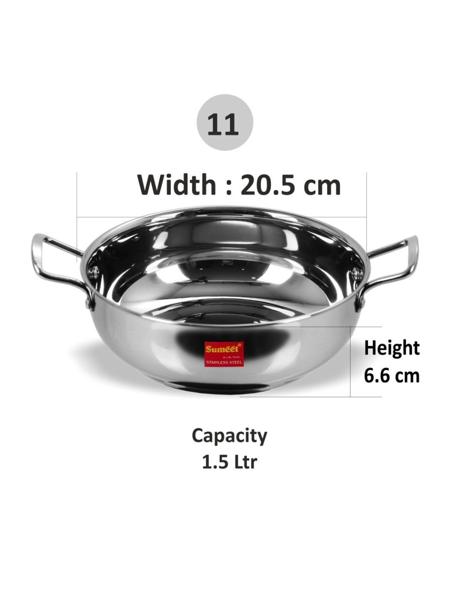 Sumeet Stainless Steel Induction Bottom  Kadhai  Size No.11 (1.5 Ltr)