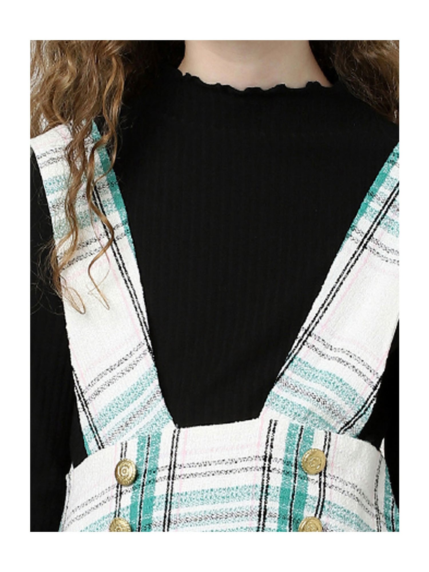 KIDS ONLY White & Black Checks Full Sleeves Dungaree Dress