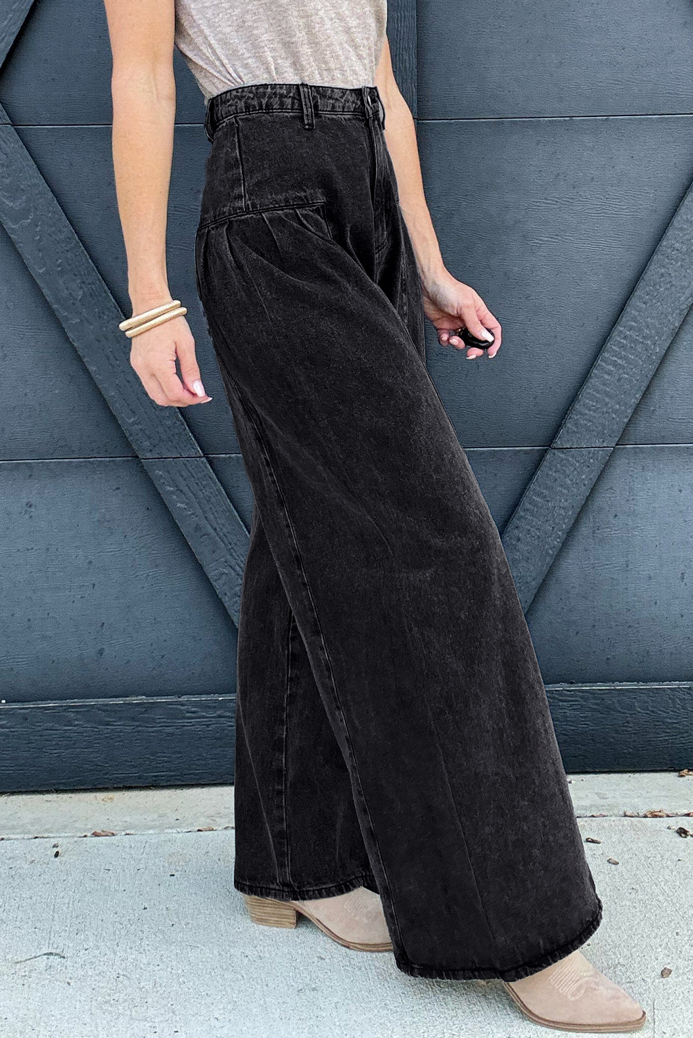 Dark Grey Pleated Wide Leg Mineral Wash Jeans