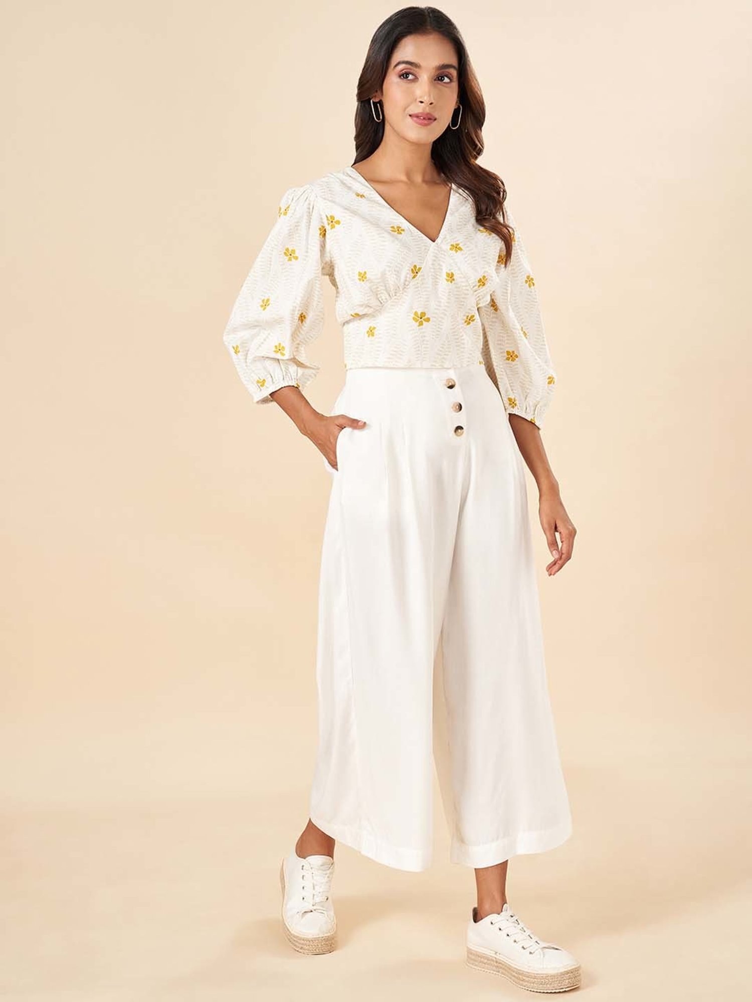 Akkriti by Pantaloons White & Yellow Cotton Printed Top