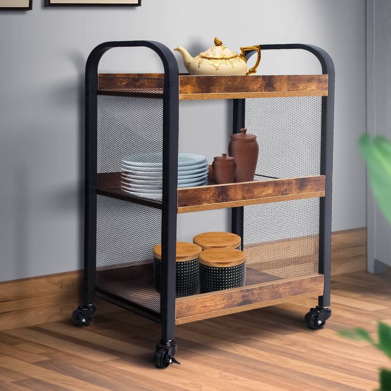 3 Tier Wood and Metal Kitchen Cart with Mesh Side Panel Brown/Black - Benzara
