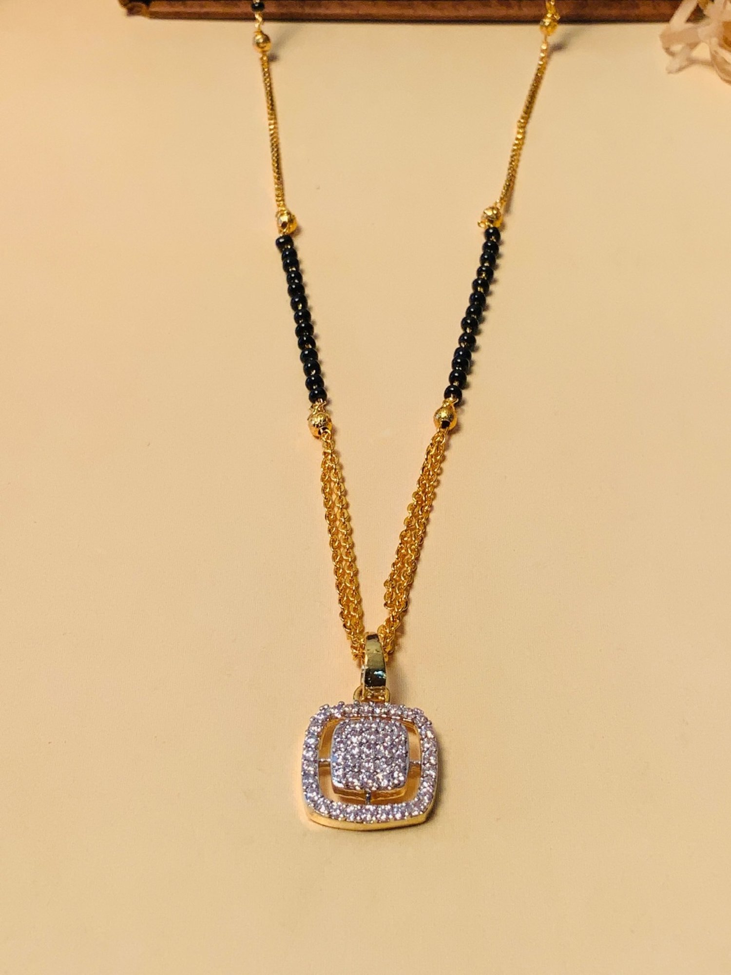 Abdesigns Gold-Plated American Diamond & Black Beaded Mangalsutra