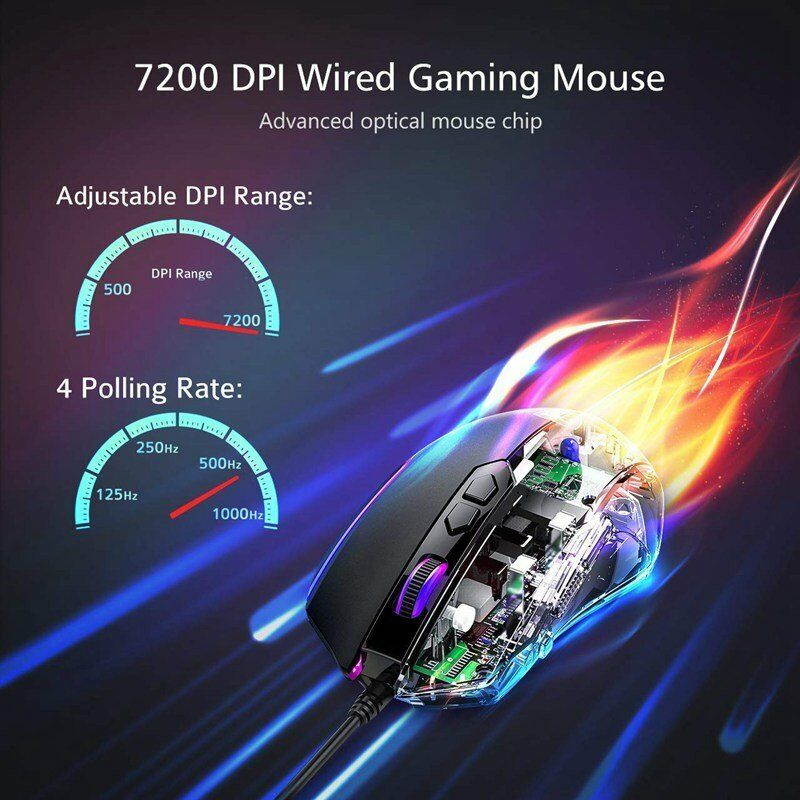 7200 DPI Ergonomic Optical Wired Gaming Mouse 8 Programmable Buttons RGB Backlit