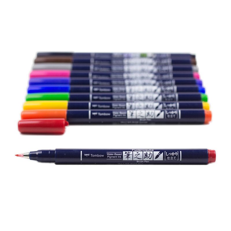 Tombow 10ct Fudenosuke Hard Tip Brush Pens Classic Colors