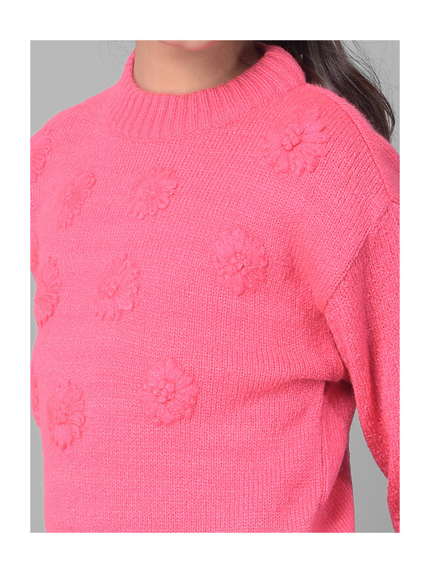 Crimsoune Club Kids Pink Self Design Full Sleeves Sweater