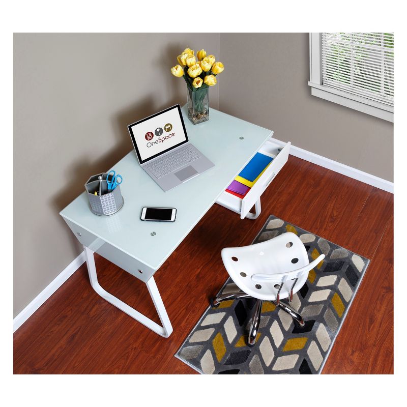 Ultramodern Glass Computer Desk with Drawers Steel Frame White - OneSpace