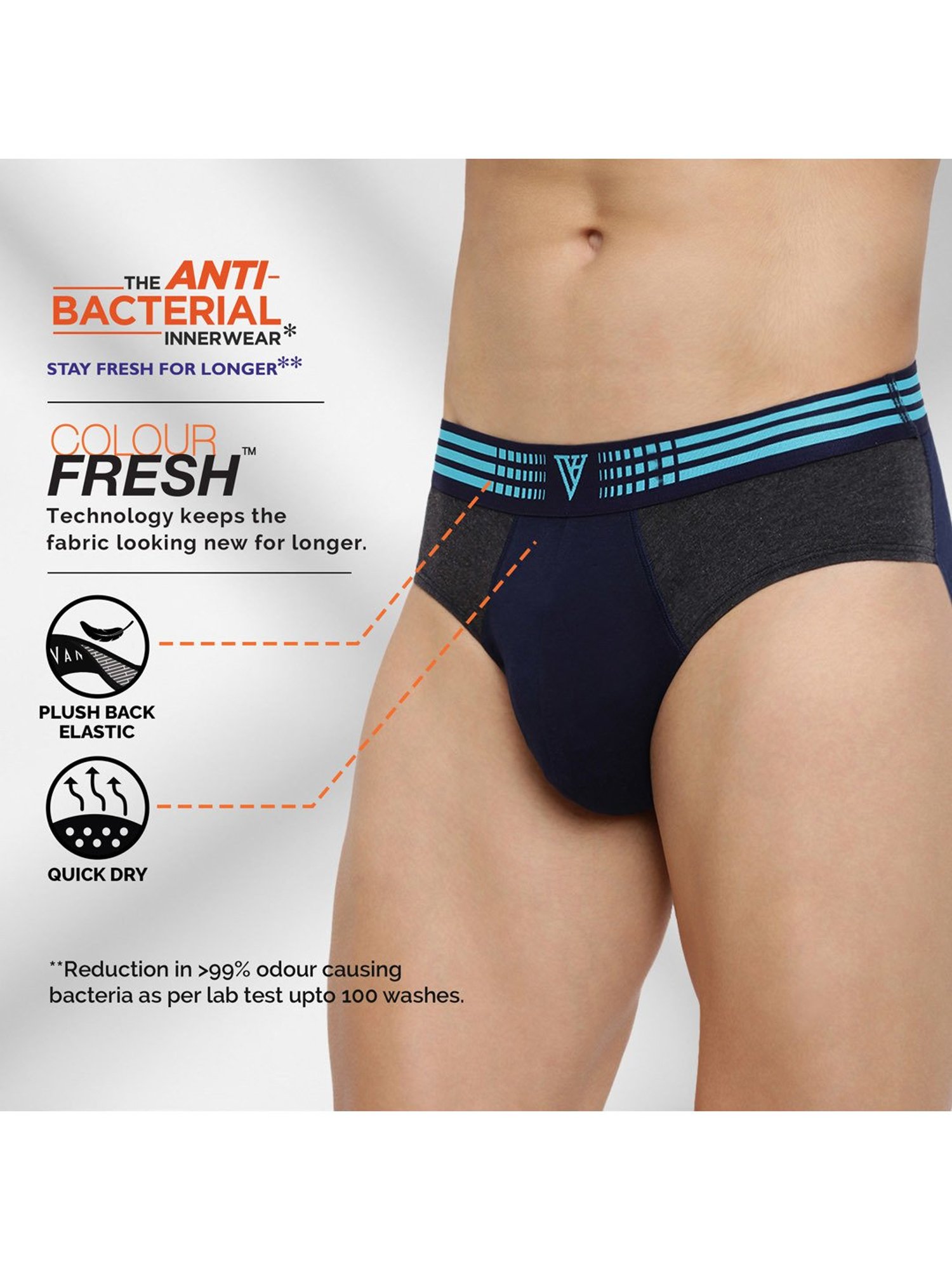 Van Heusen Regular Fit Anti Bacterial Colour Fresh Solid Briefs - Grey Melange W Dark Navy