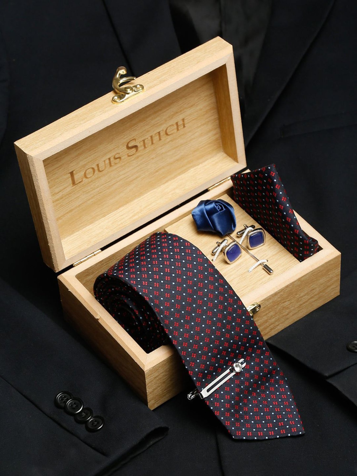 Louis Stitch Navy Embroidered Necktie Gift Set - Set of 5