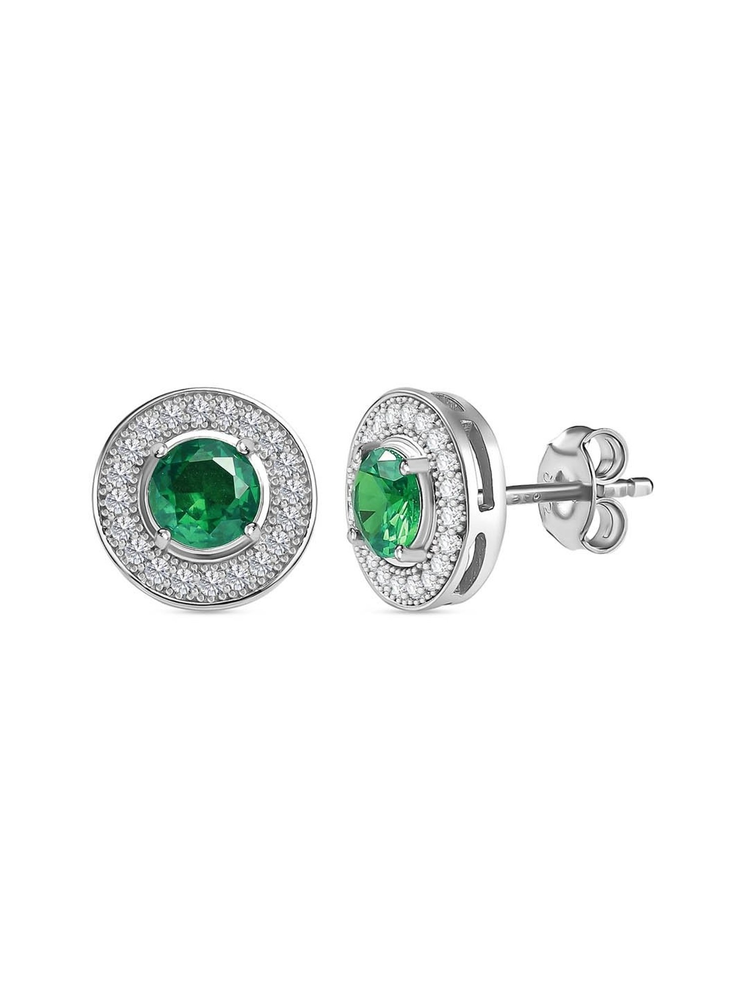 Ornate Jewels 925 Silver Green Emerald and American Diamond Halo Stud Earrings