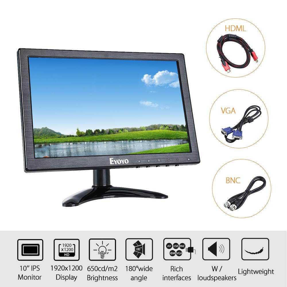 Eyoyo 10inch HDMI IPS Monitor 1920x1200 IPS-LCD Screen Display with BNC/VGA/AV Output,For CCTV DVD PC Laptop DVR CCD Camera,Built-in Loudspeakers