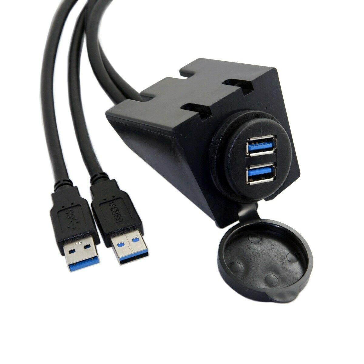 Dual USB 3.0 Male to Female Extension Data and Power Charge Cable with Waterproof Shell Mount Black 2m