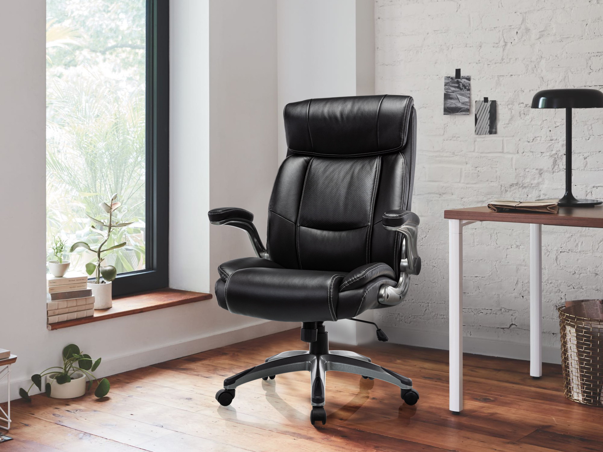 Height Adjustable High Back Computer Office Chair - Flip-Up Armrest Thick Padded Seat and Back Support, Swivel Bonded Leather Executive Task Chair