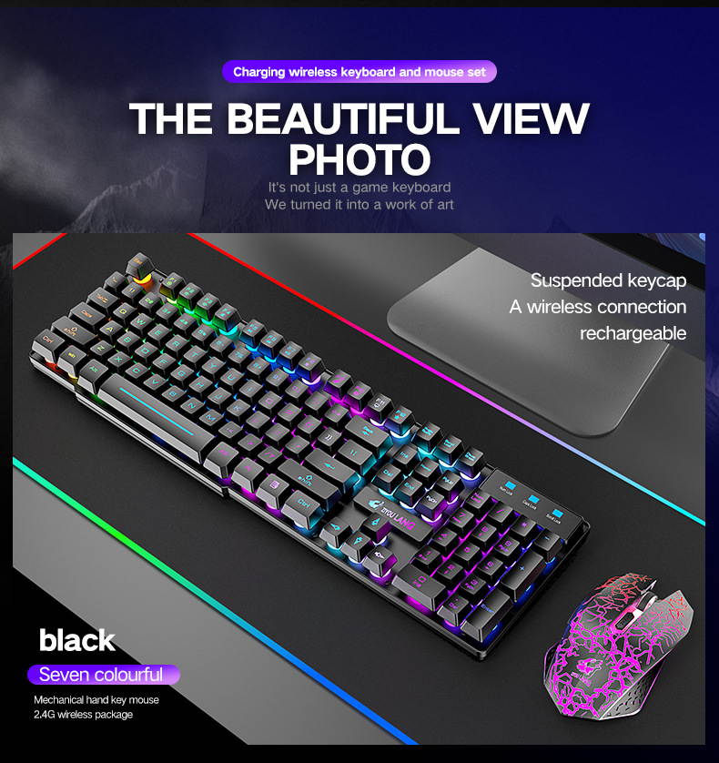 Rainbow backlit wireless keyboard and mouse set, rechargeable 4000mAh battery, mechanical ergonomic touch, waterproof and silent mouse, suitable for laptop, PC, home office