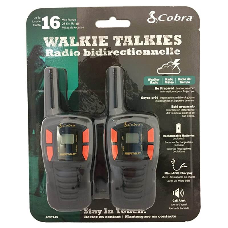 ACXT145 Walkie Talkies - Rechargeable, Long Range 16-Mile Two-Way Radio Set ( 2 Pack ) , black