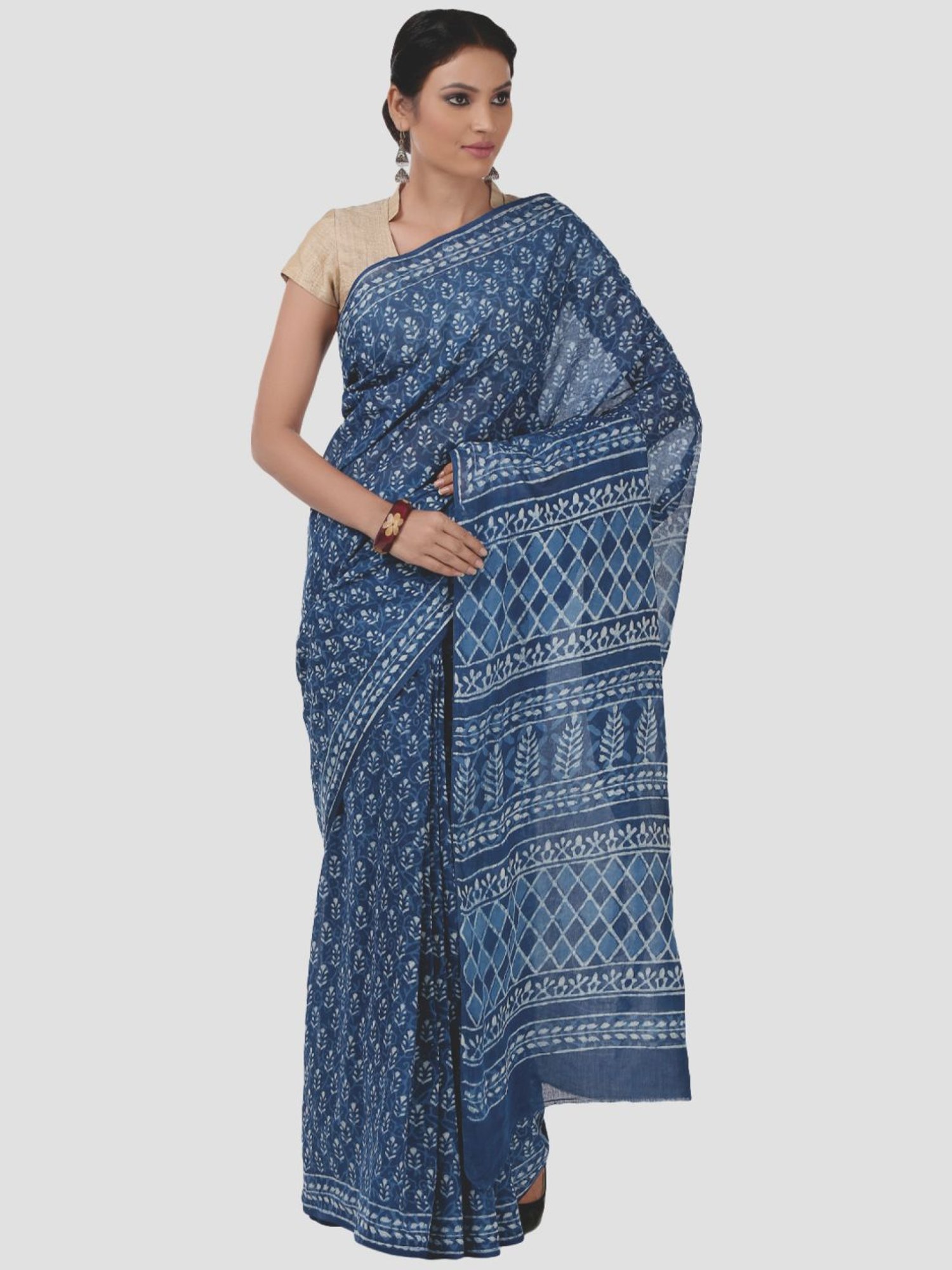 Kalakari India Blue Cotton Printed Saree With Unstitched Blouse