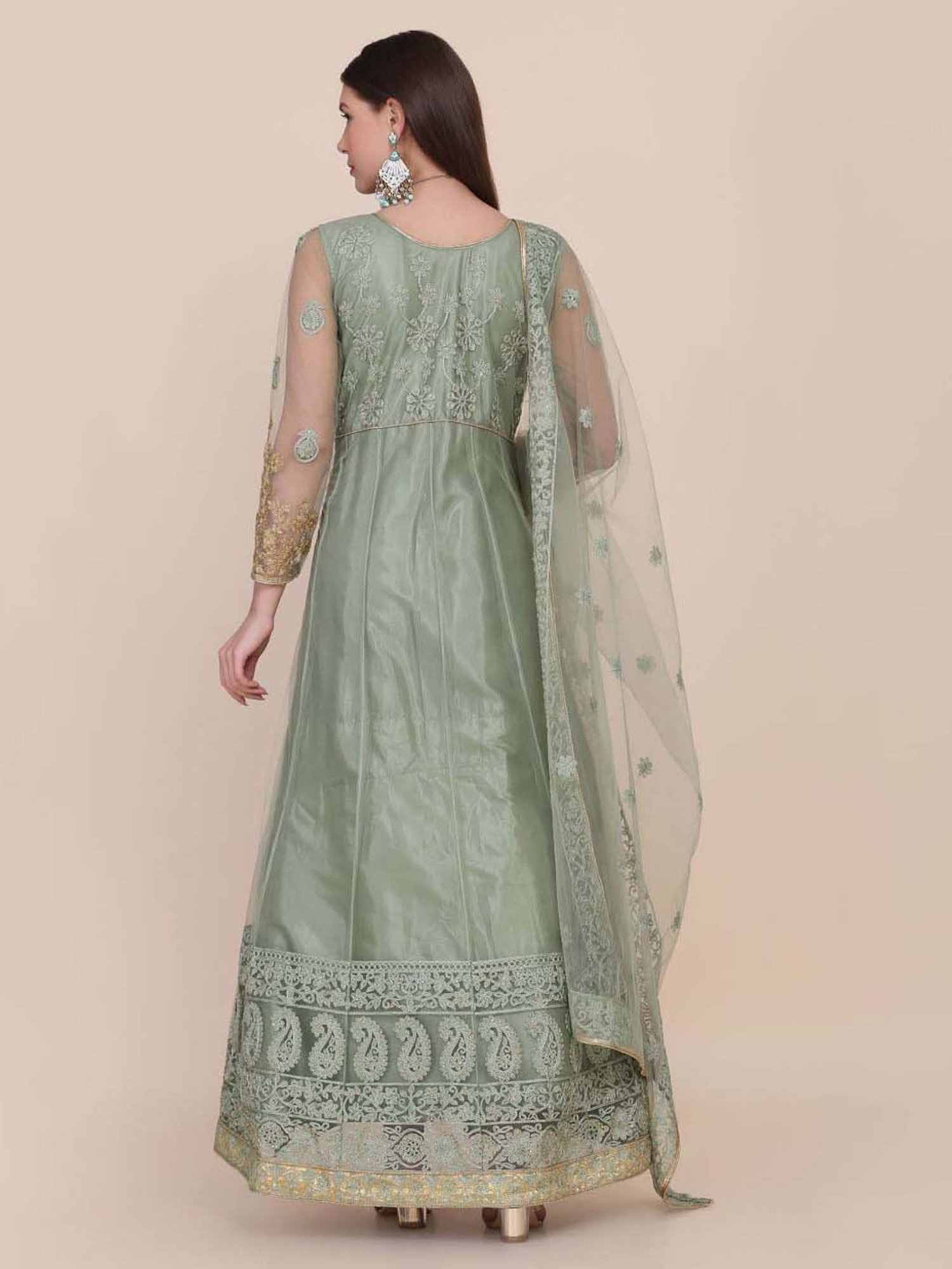 Warthy Ent Green Embroidered Semi Stitched Dress Material