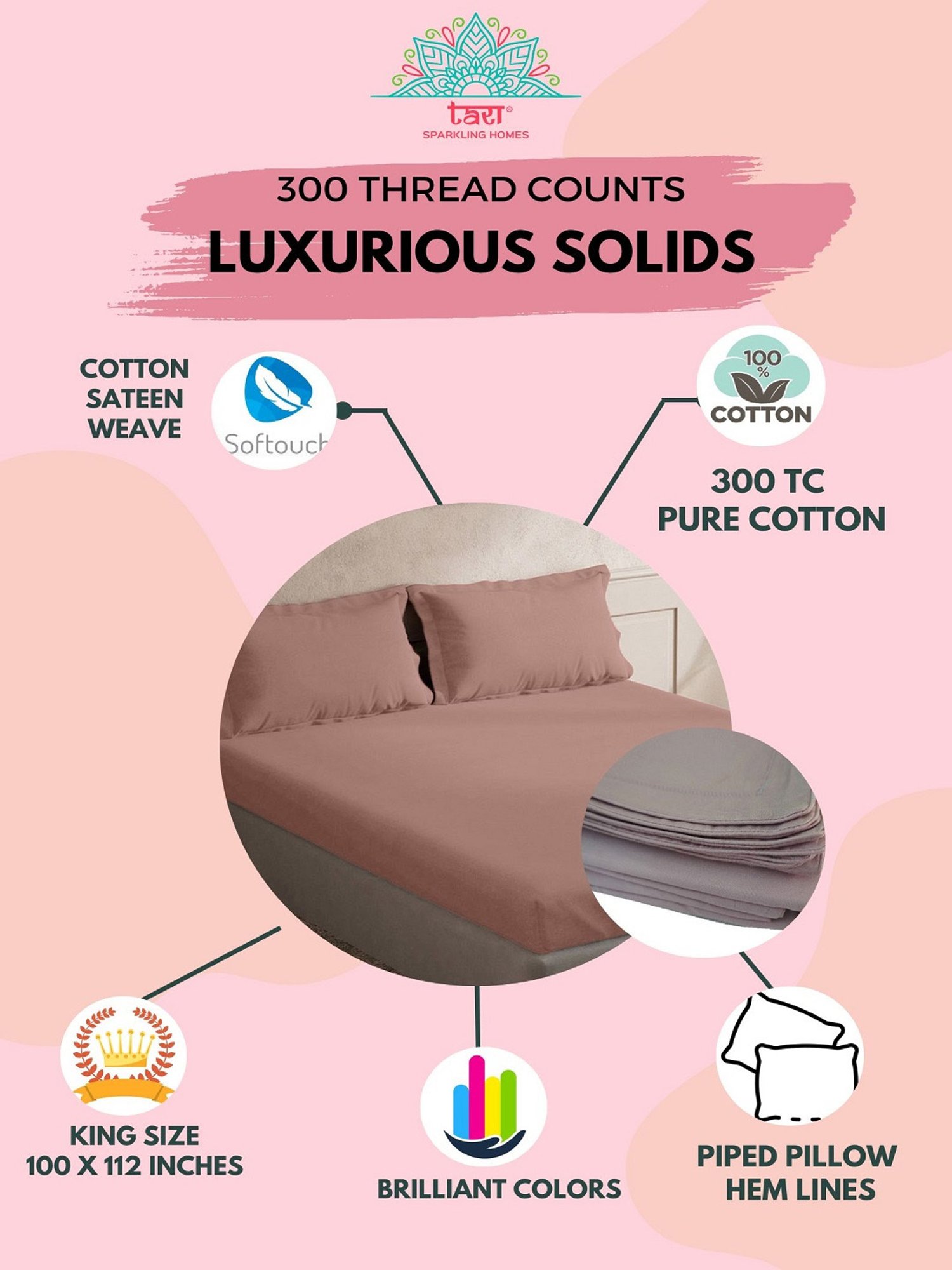 TARA Sparkling Homes Beige 300 TC Cotton King Bedsheet With 2 Pillow Covers