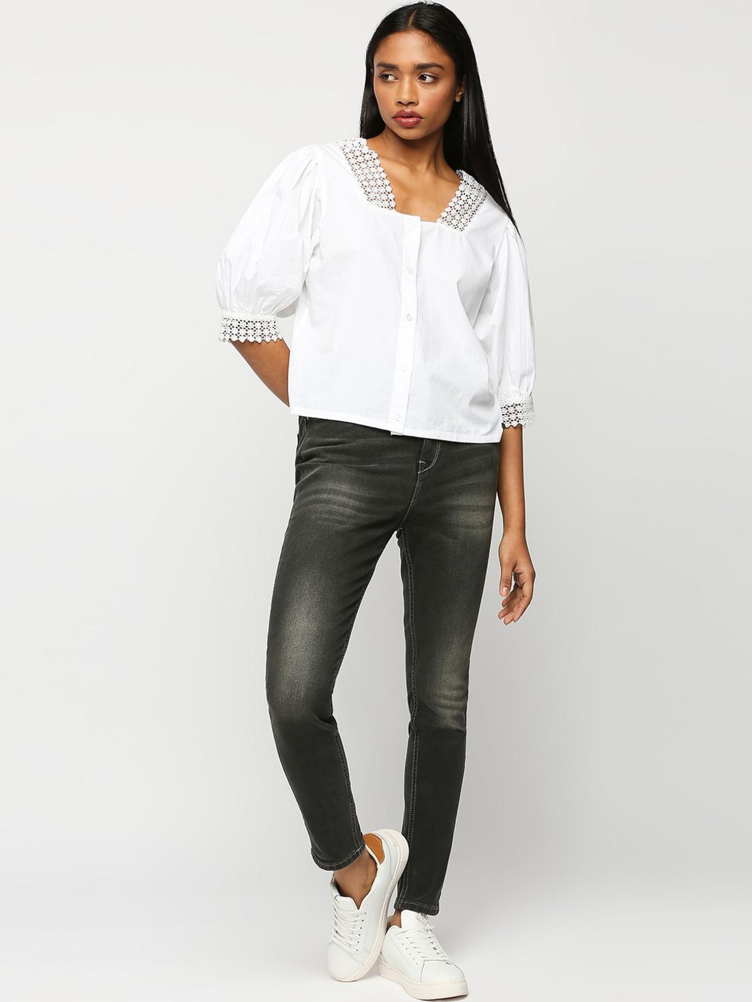 Pepe Jeans White Cotton Self Pattern Top