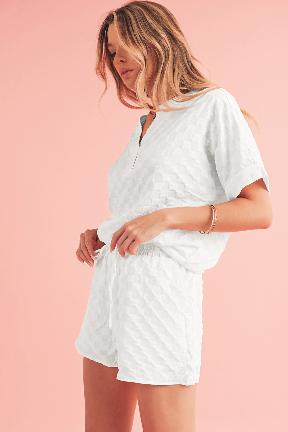 White Textured Split Neck Top and Drawstring Shorts Set