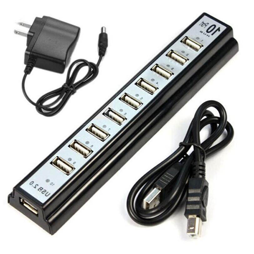 2018 New Arrival USB HUB LED indicator 10 Ports High Speed USB 2.0 Hub and Power Adapter USB for PC Laptop Computer Black