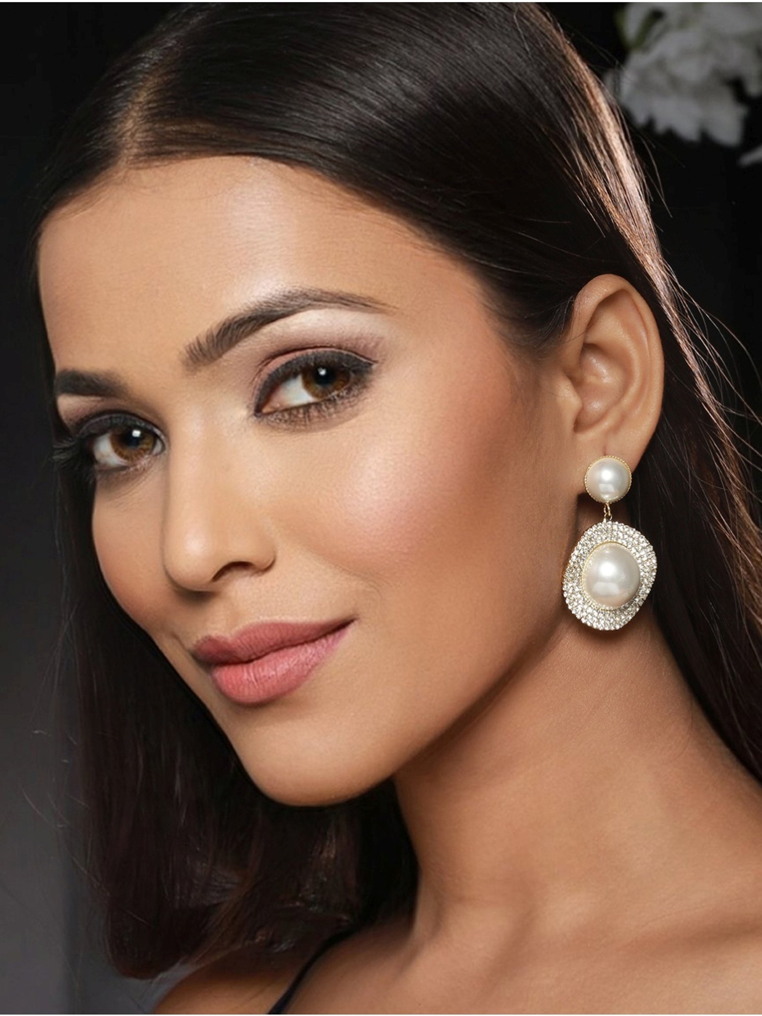 Prita by Priyaasi Dual-Pearl American Diamond Gold-Plated Drop Earrings