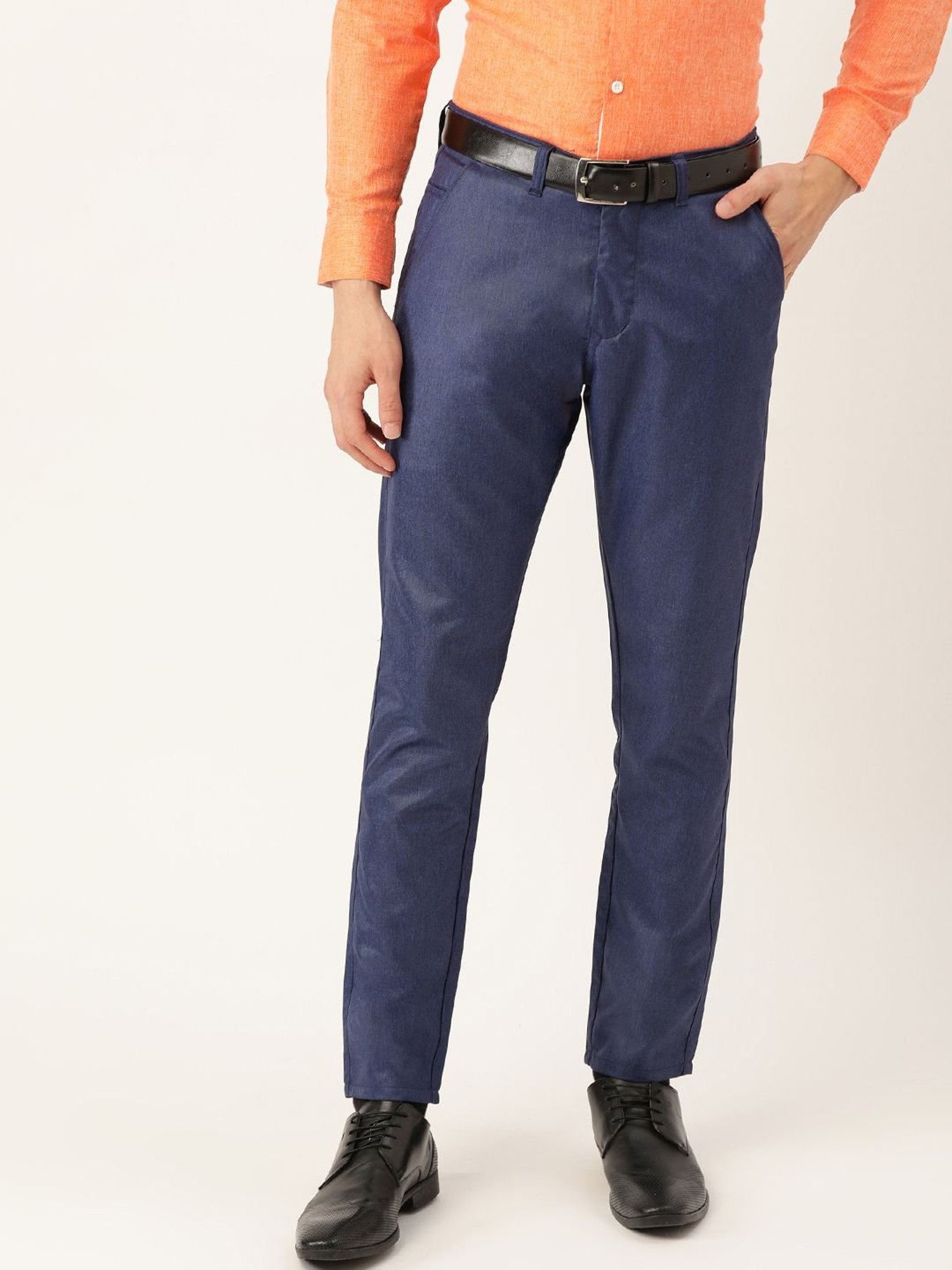 Sojanya Navy Cotton Regular Slim Fit Self Pattern Flat Front Trousers