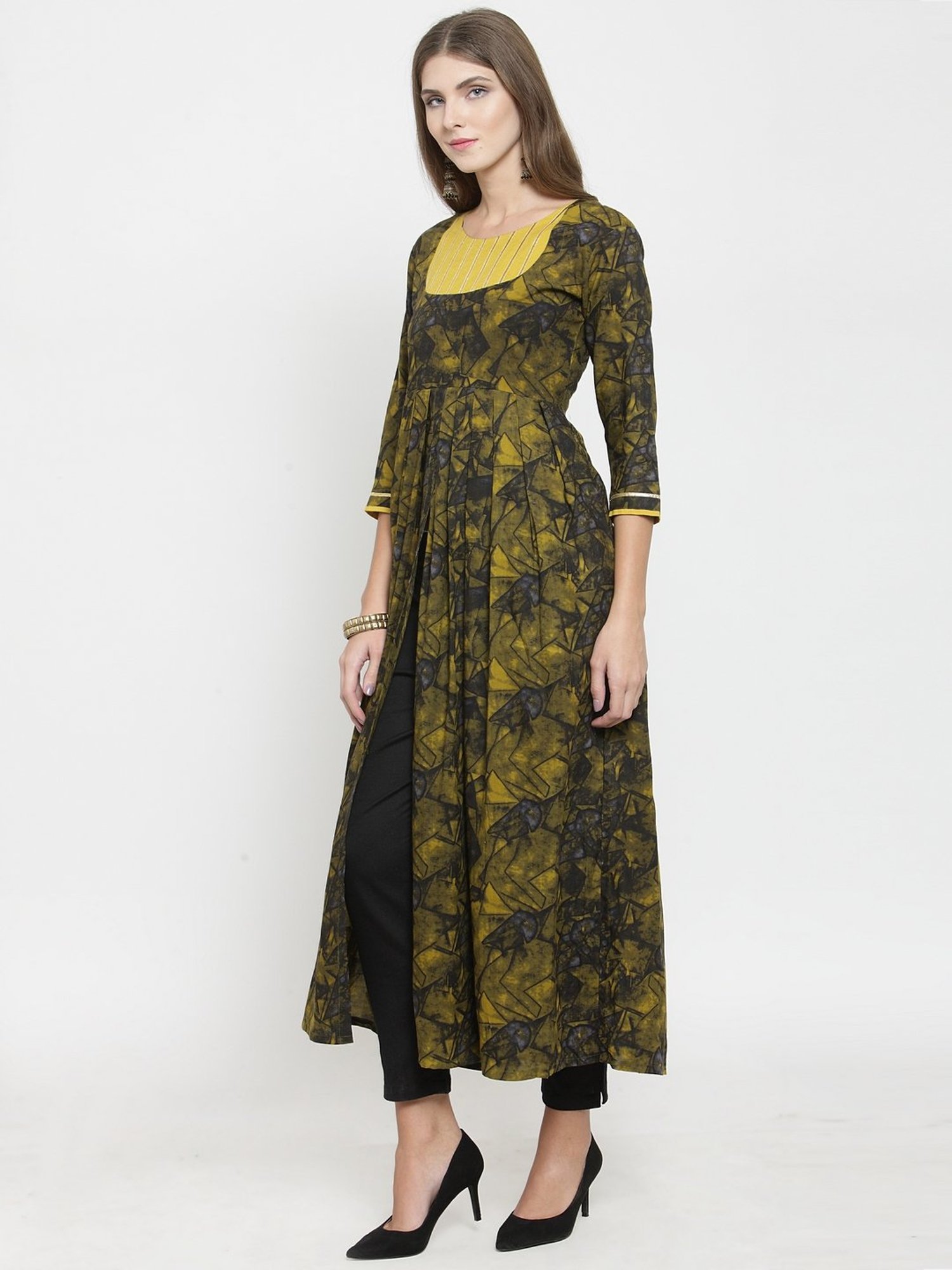Indibelle Black & Yellow Printed A Line Kurta