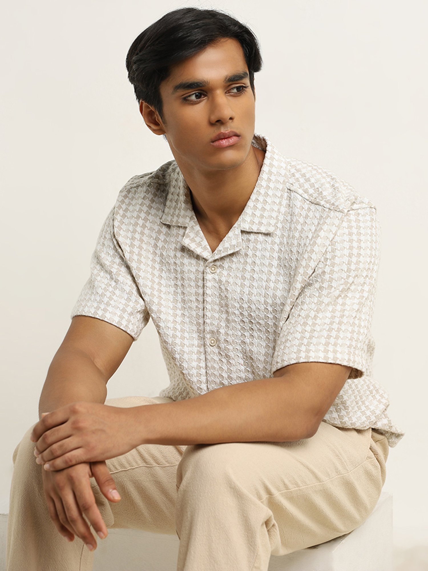 ETA by Westside Beige Houndstooth Design Relaxed-Fit Cotton Shirt