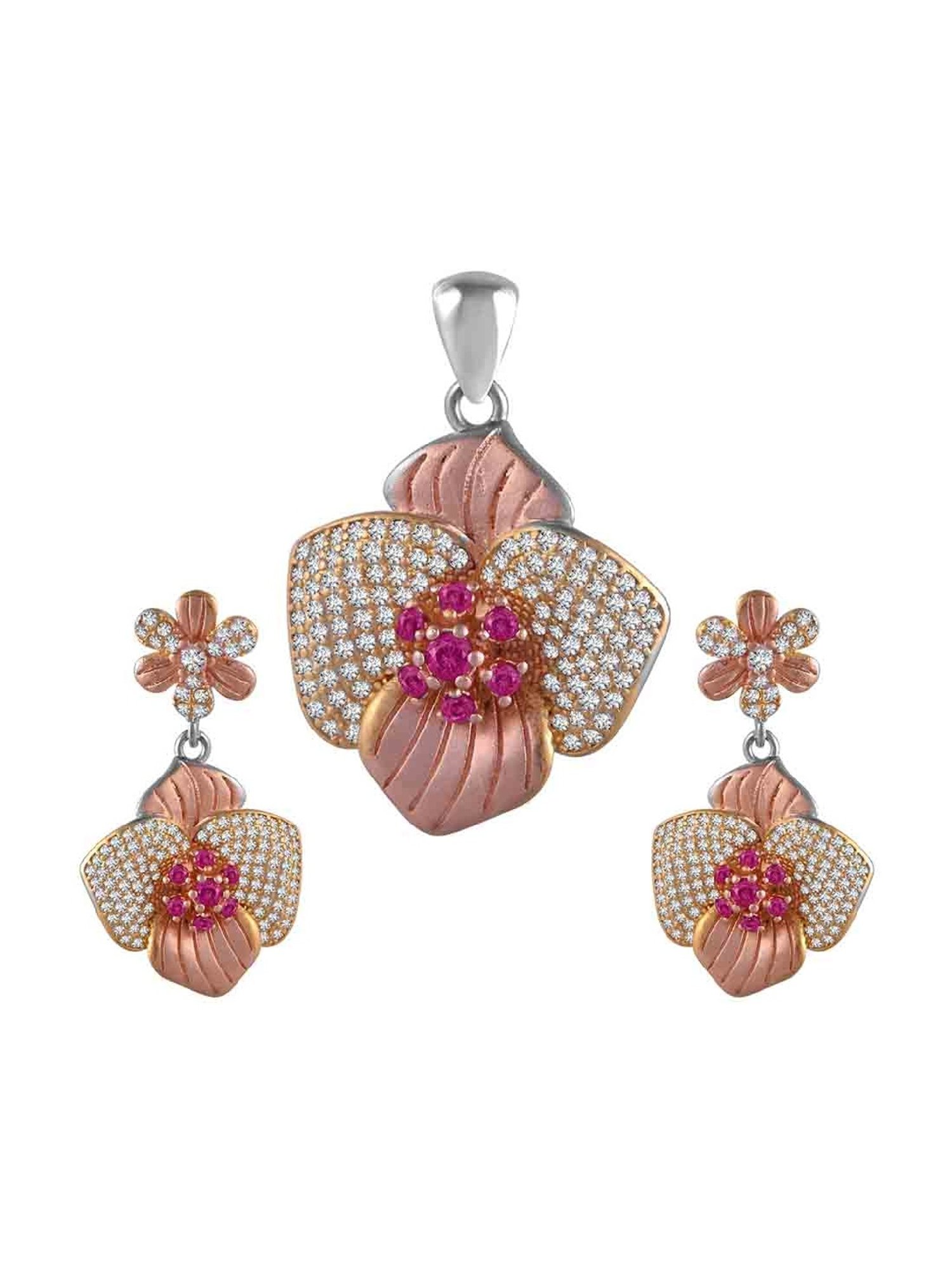 Rihi by P.C. Chandra Jewellers Petal With Pink Stone Flower Pendant And Earring Set (Without Chain)