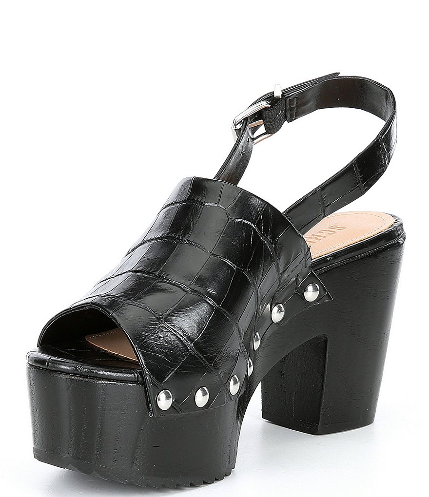 Schutz Yeda Croco Print Studded Leather Platform Block Heel Slingback Clog Sandals