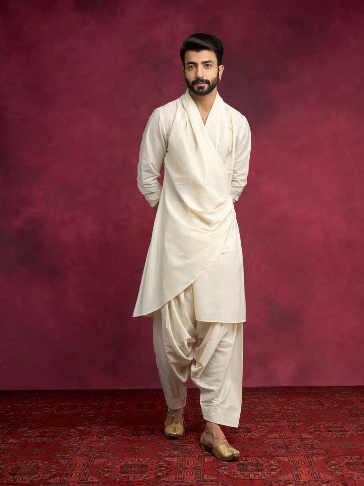 Abhishti Cream Straight Fit Cowl-Draped Asymmetric Kurta