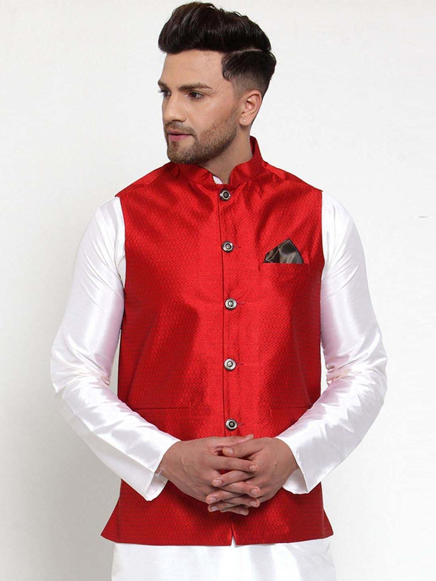 Jompers Maroon Regular Fit Printed Nehru Jacket