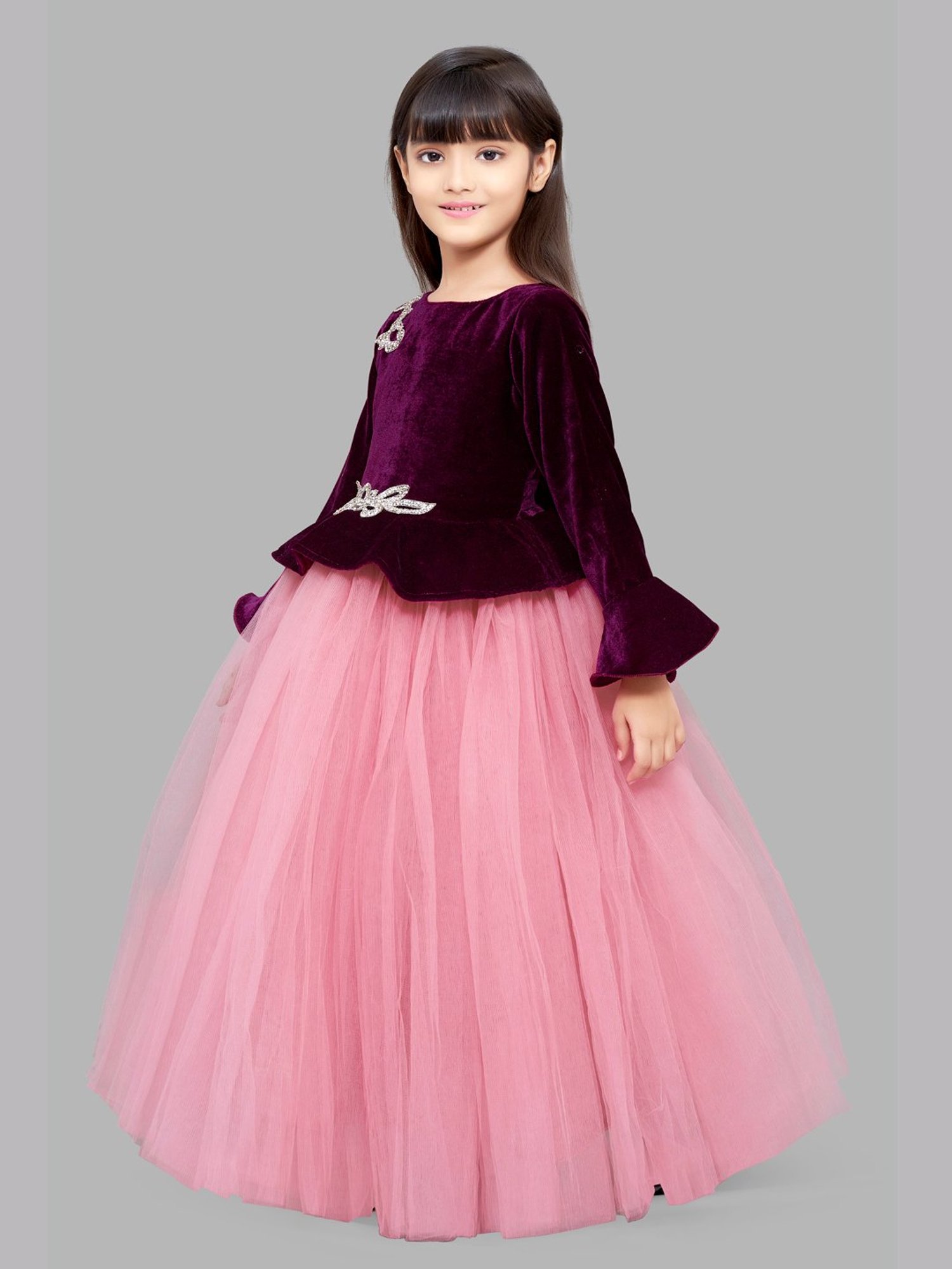 Pink Chick Kids Burgundy & Pink Solid  Full Sleeves Gown