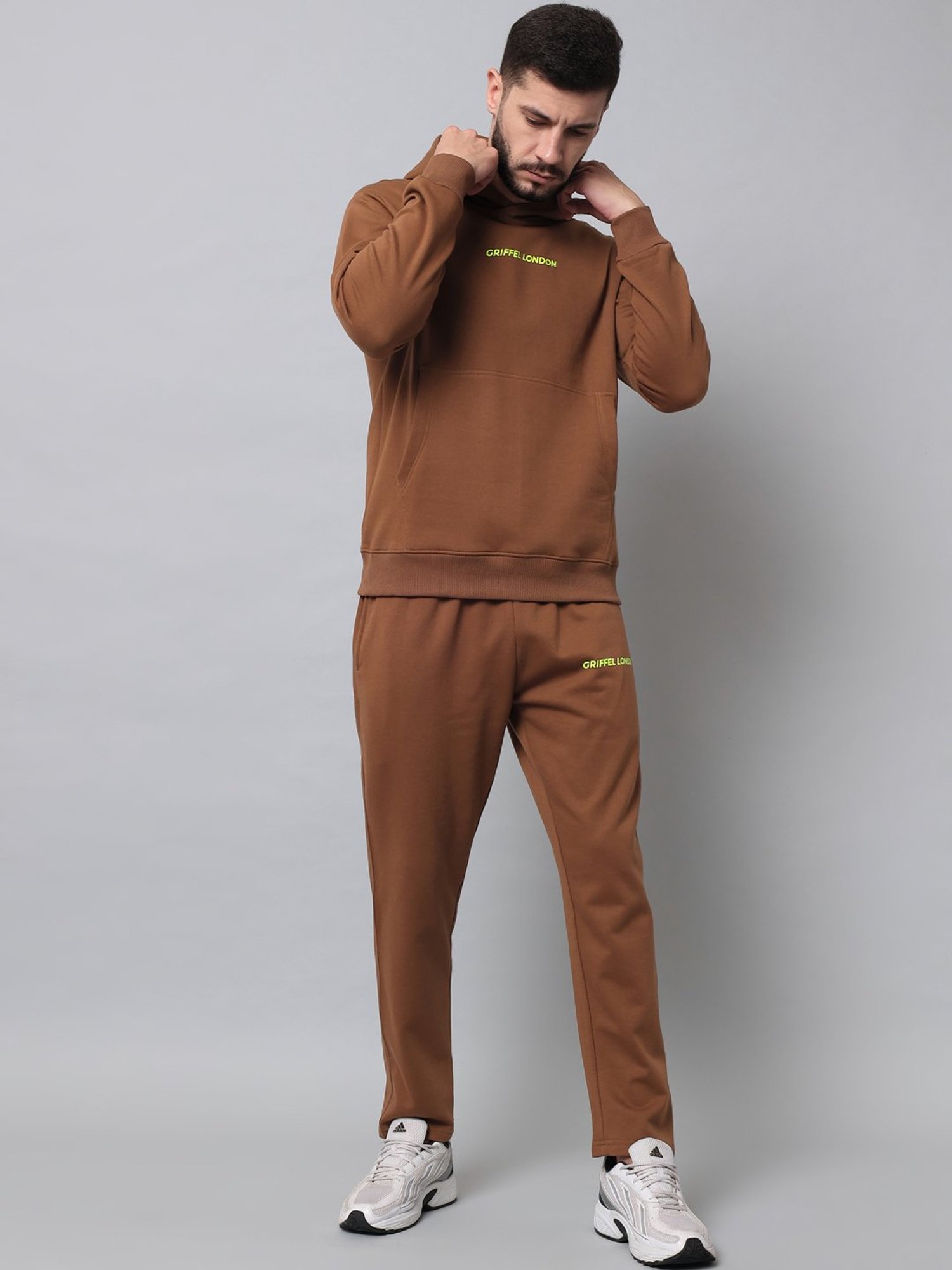 GRIFFEL Brown Regular Fit Logo Print Hooded Sweatshirt & Trackpants Set
