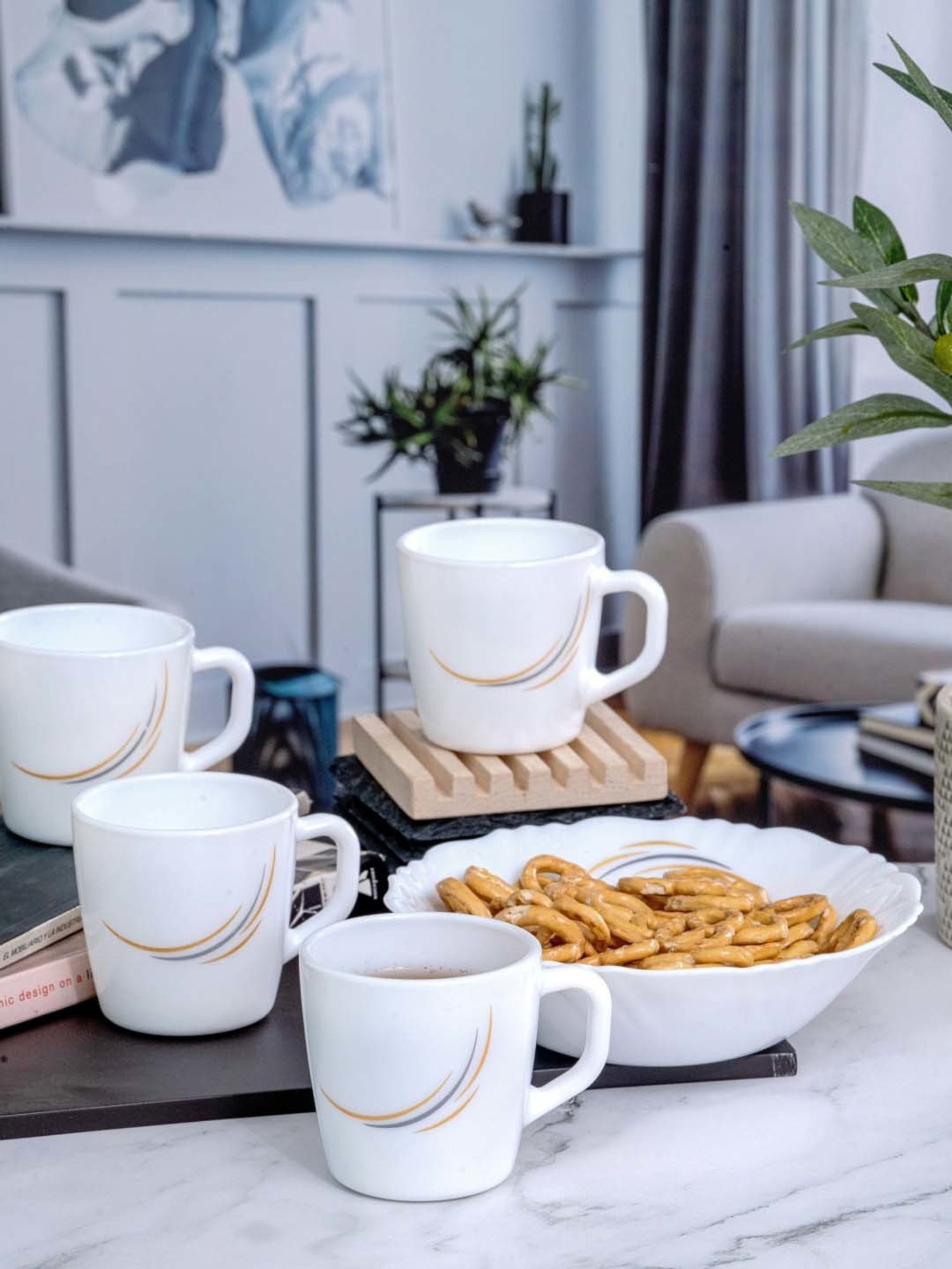 Cello White Opalware 4 Ricca Mug & 1 Bowl  (0.18 L)