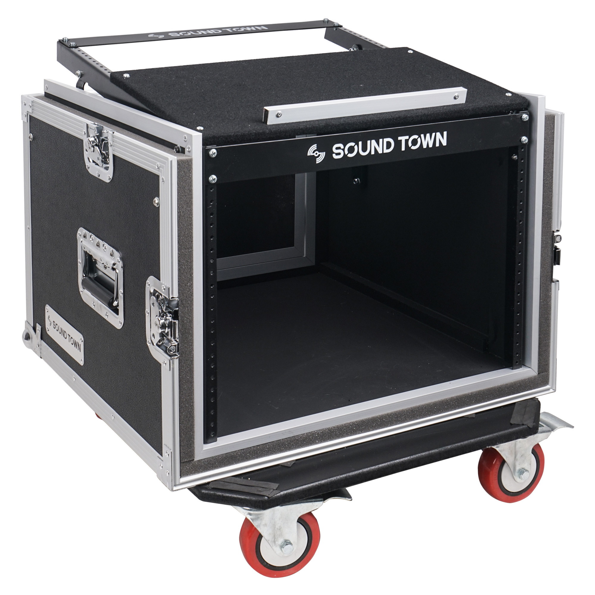 Sound Town Shock Mount 8U ATA Rack Case with 20&rdquo; Rackable Depth, 11U Slant Mixer Top and Casters, 8-Space Size (STMR-SP8UW)