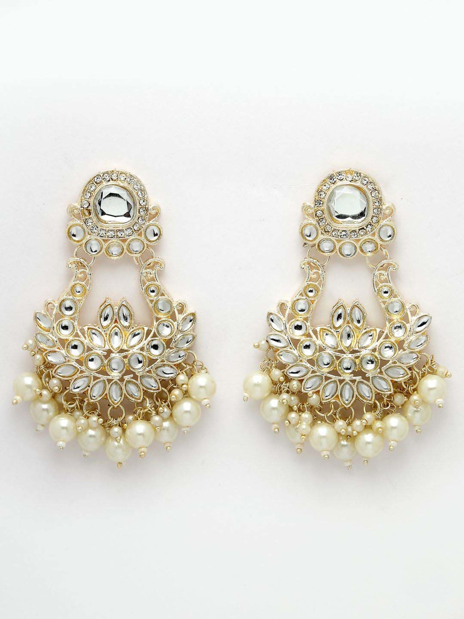 NVR Gold-Plated Kundan Chand Bali Earrings for Women