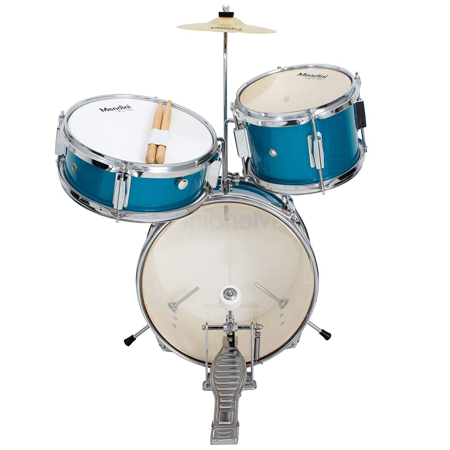 Mendini by Cecilio 13 inch 3-Piece Kids/Junior Drum Set with Throne, Cymbal, Pedal & Drumsticks (Blue Metallic)