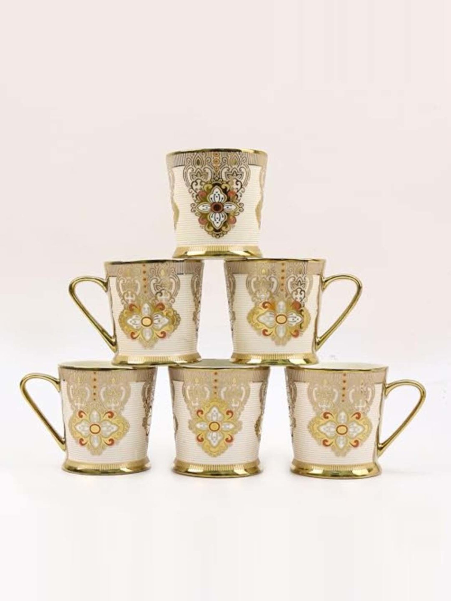Femora Red & Imperial Gold Ceramic Tea Mugs (0.18 L) - Set of 6