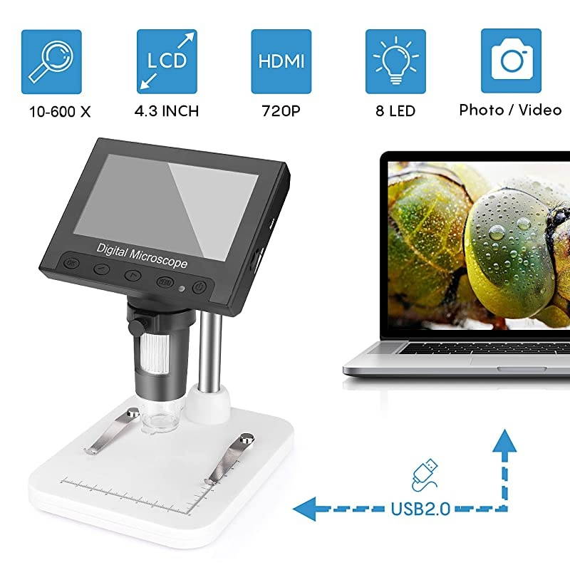 USB Microscope 43 inch LCD 10X600X Magnification Microscope8 LED Adjustable LightRechargeable Lithium Battery for Phone Repair Soldering Tool Jewelry Appraisal Biologic Use