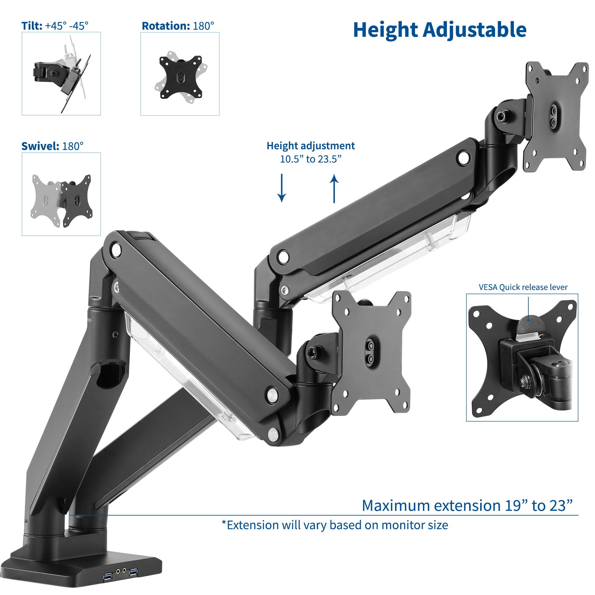 VIVO Dual Monitor Counterbalance Desk Mount Stand w/ USB & Multi Media Ports | Fits Screens up to 32" (STAND-V102G2U)