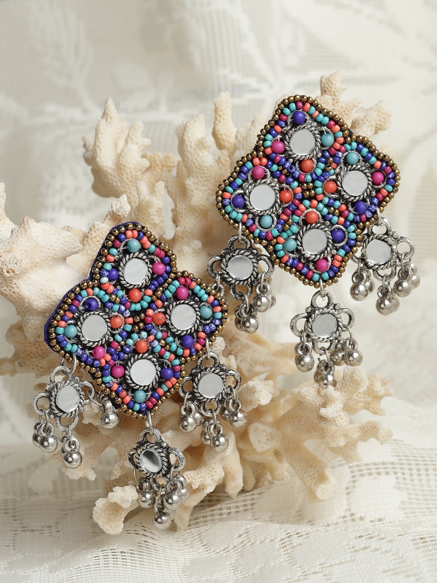 Moedbuille Multi Beads & Mirrors Studded Afghan Design Oxidized Silver-Plated Drop Earrings