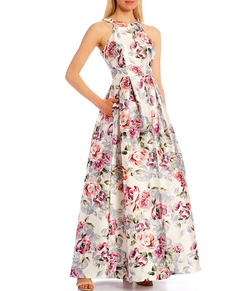 Eliza J Floral Brocade Halter Neck Sleeveless Mikado Ball Gown