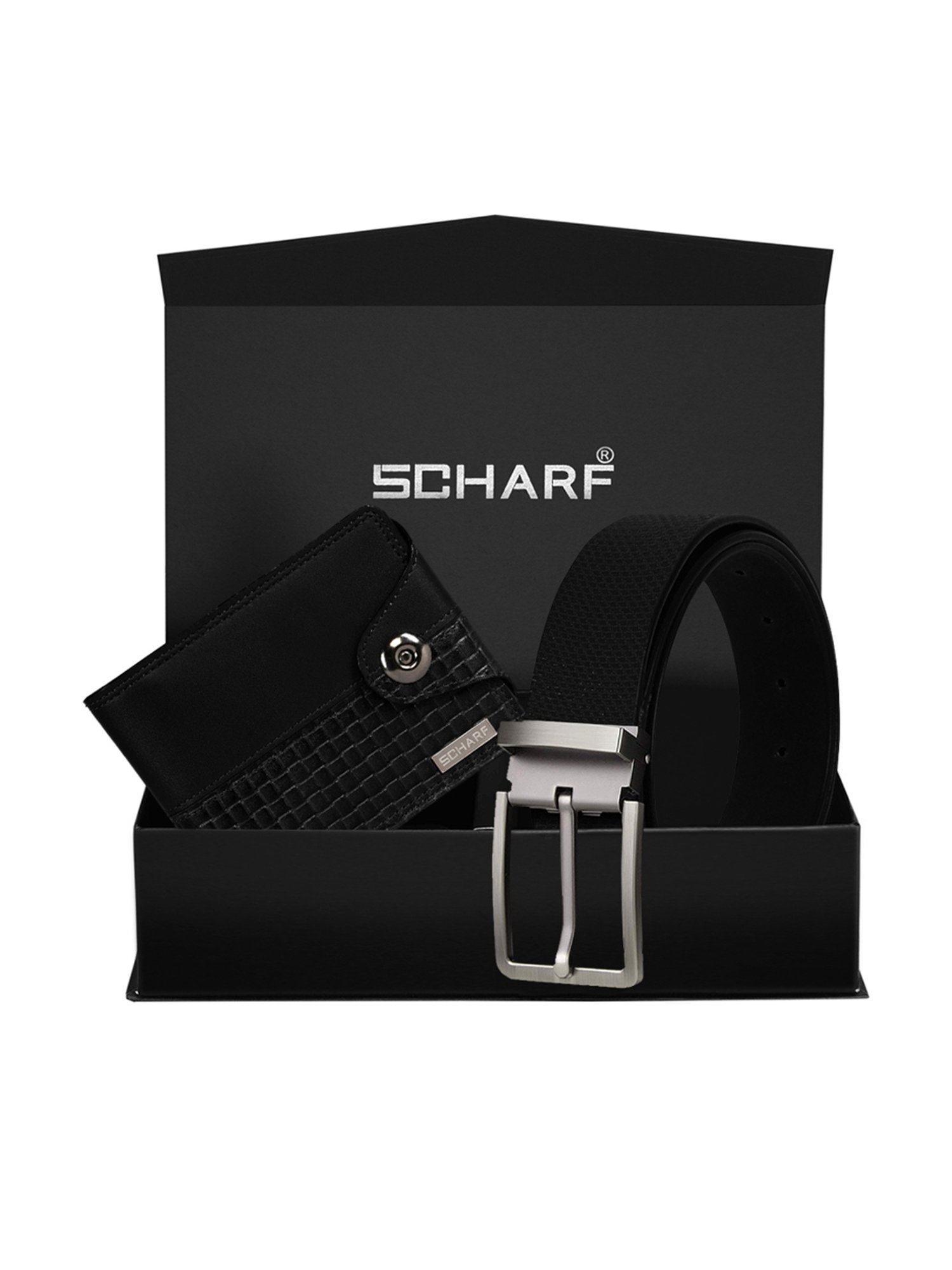 Scharf Black Leather Set Of Waist Belt And Wallet For Men