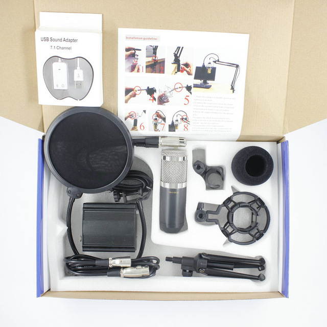 BM800 Condenser Microphone Cardioid Pro Audio Studio Vocal Recording Mic + 48V Phantom Power +Desk Stand +USB sound Adapter