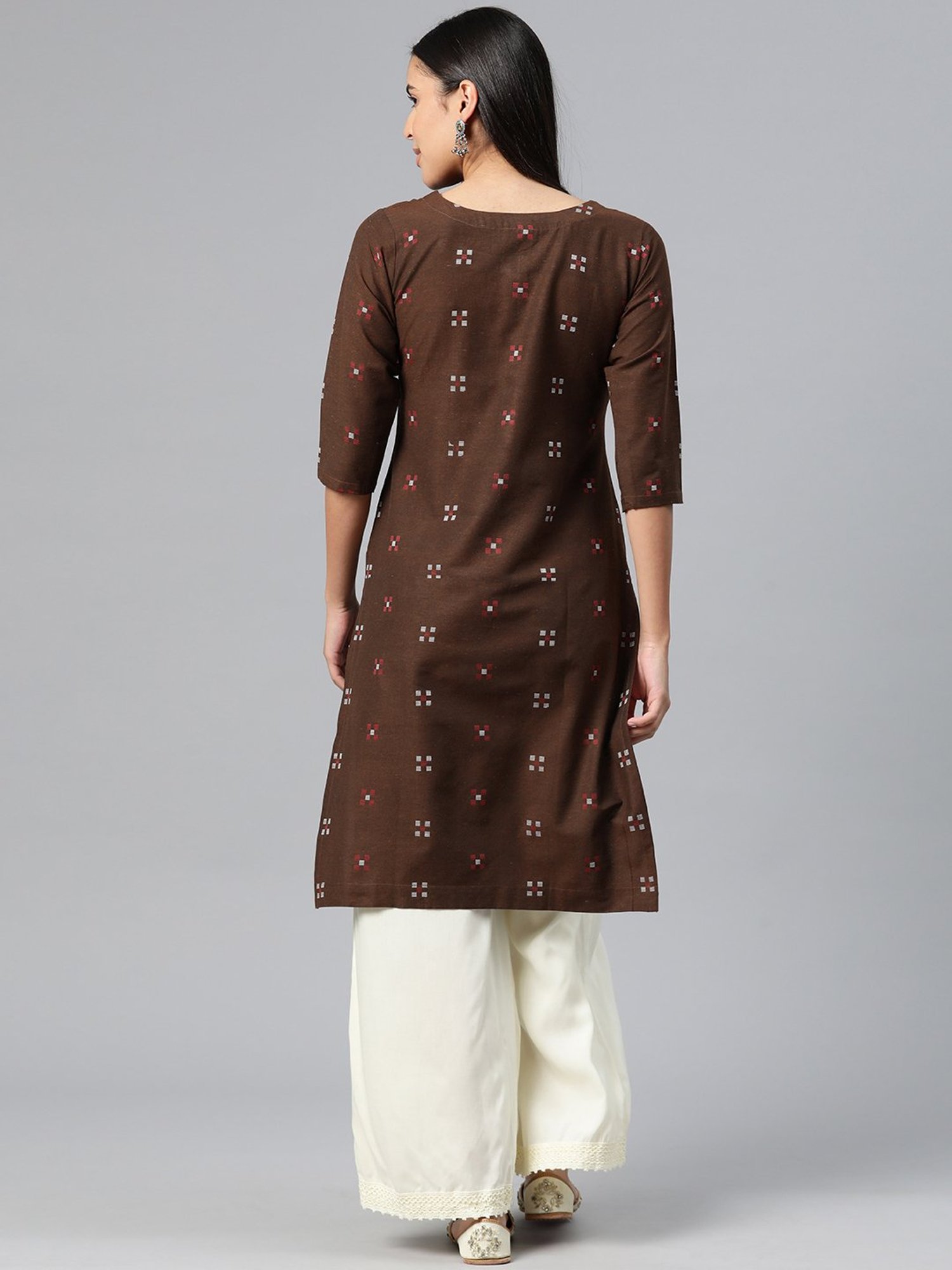 One Femme Brown Cotton Self Design A Line Kurti