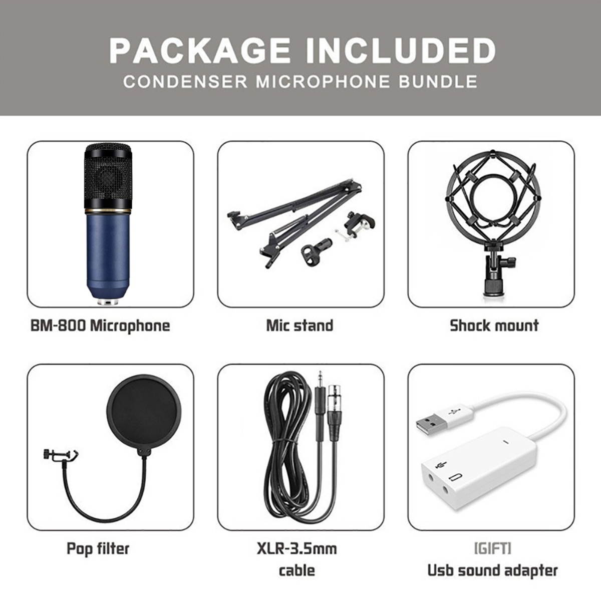 Condenser Microphone Kit Pro Audio Studio Recording & Brocasting Podcasts Set BM-800