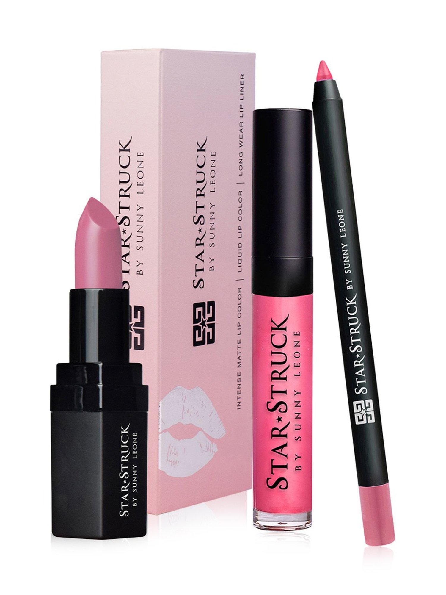 StarStruck By Sunny Leone Lipstick+Lip Gloss+Liner Lip Kit Pink Peony - Pack of 3