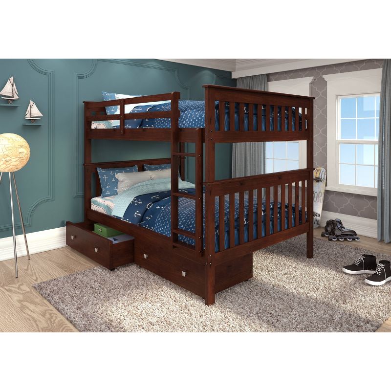 Full/Full Mission Bunk Bed with Dual Underbed Drawers Dark Cappuccino - Donco Kids