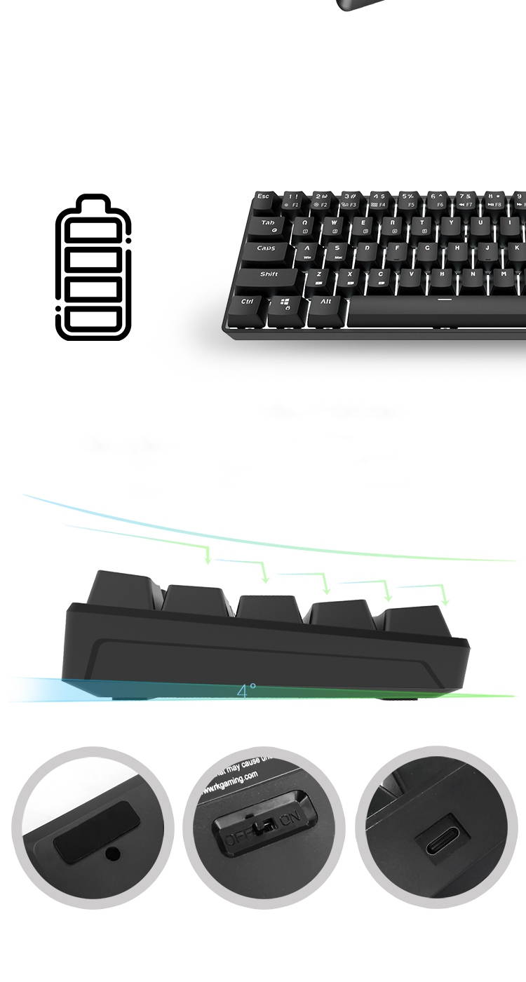 RK RK855 Bluetooth Wireless and USB Wired Dual-mode 68 Keys Mechanical Gaming Keyboard, Adjustable White Backlit